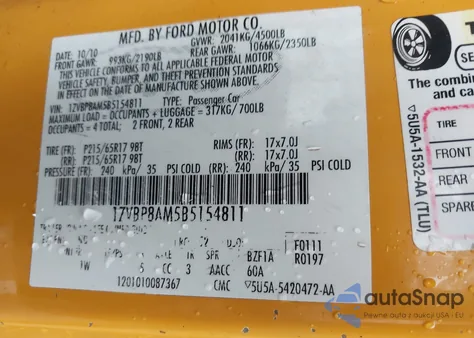 2011 Ford Mustang V6 z USA, uszkodzony, nr VIN 1ZVBP8AM5B5154811